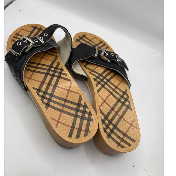Burberry Leather Buckle Nova Check Clog Slides Womens Size 38 Brown Wooden Sole